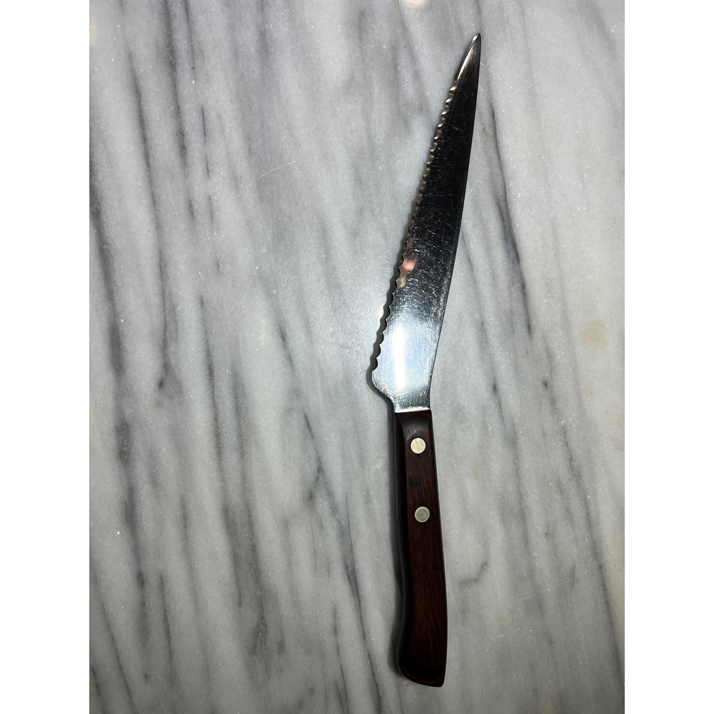 VTG Flint Stainless Waverly Edge Utility Knife USA Wood Handle Serrated Blade